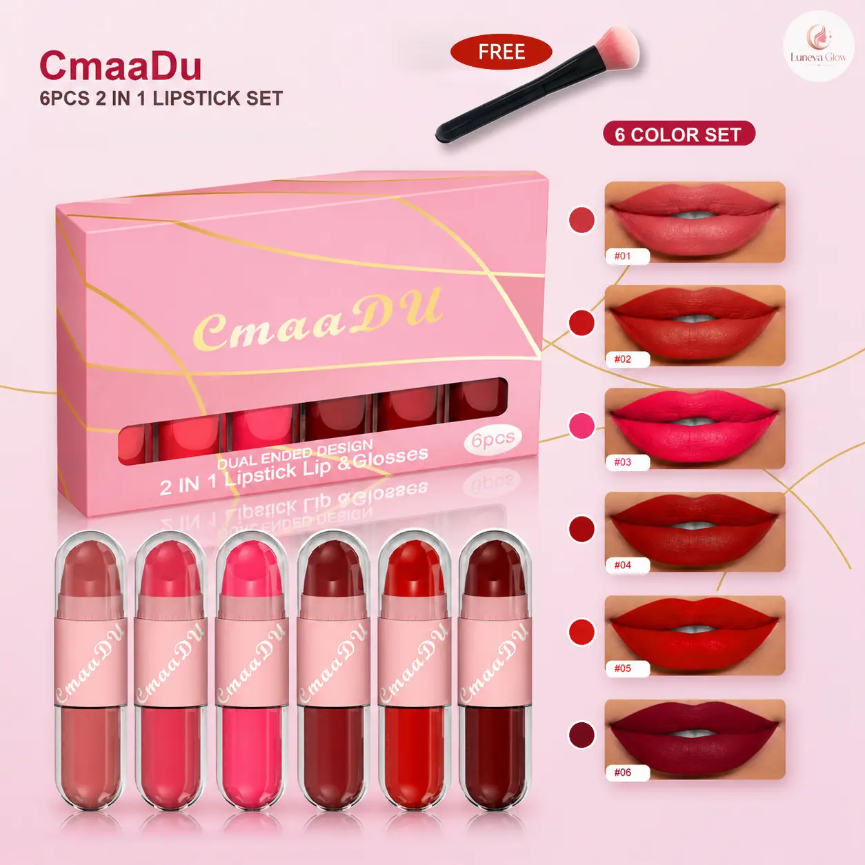 CmaaDu 6Pcs 2-in-1 Lipstick and    with Free Makeup Brush, Dual Ended  Makeup Kit essence extreme shine  toofaced kissing juicy zodia clip yo universal skincare lipgloss gloss balm glossy liphue
