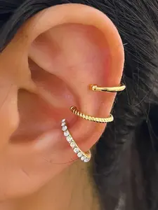 Fashionable Ear Cuff Earrings, Non Piercing Gold Ear Cuffs, Artificial Cubic Zirconia Sparkling Round Huggie Ear Cuff Ear Cuff for Non Pierced Ears, Non Piercing Jewelry, Fashion Accessory
