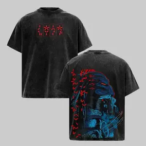 Alien Hunter Predator Graphic Tee, Sci-Fi Warrior Art, Cyber Alien Illustration, Dark Futuristic Design, Washed Black Oversized T-shirt, Unisex Streetwear