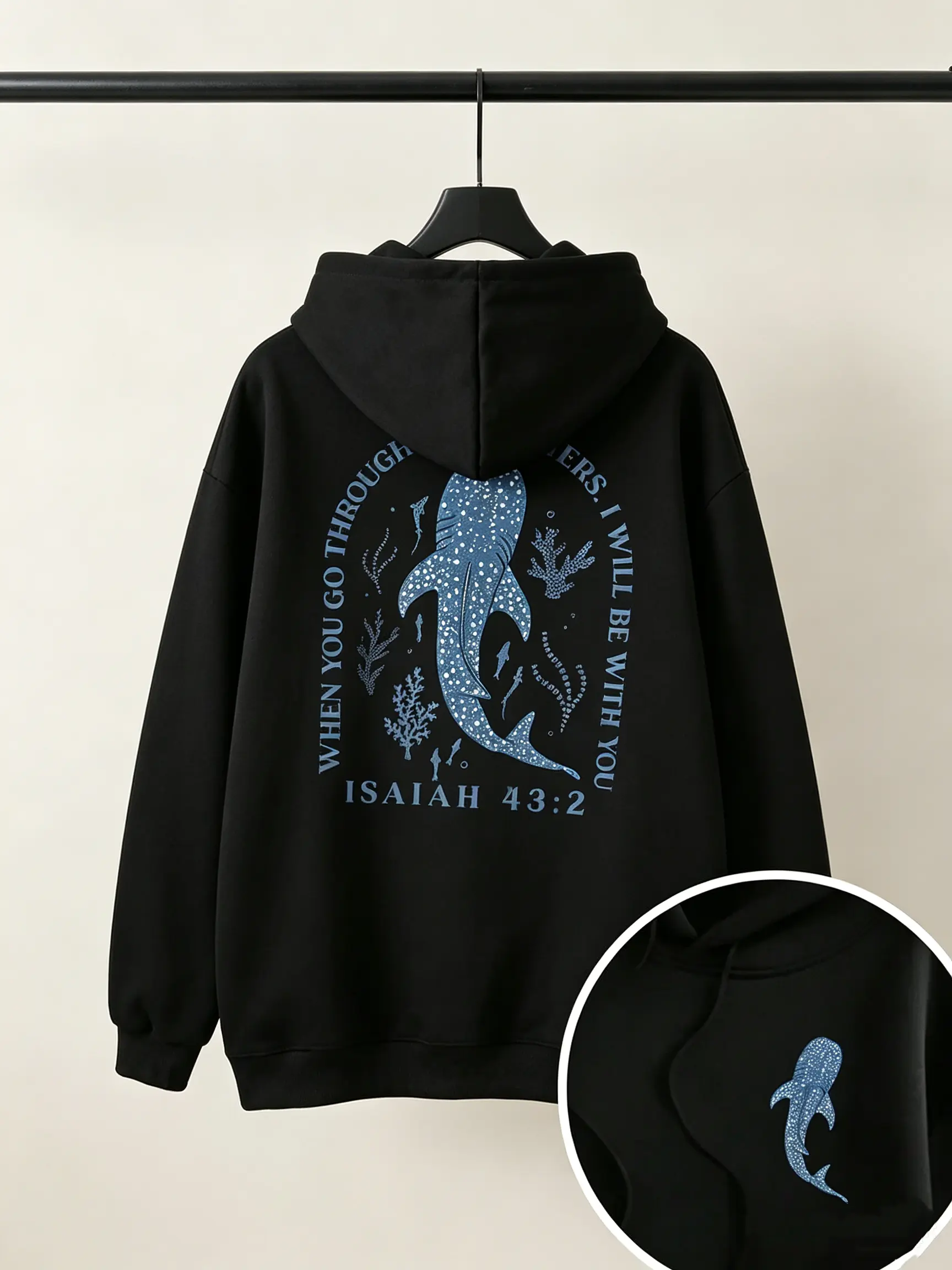 Two Sided Print Whale Shark Isaiah 43:2 Christian Hoodie, 270G Brushed Fleece Oversized Black Hooded Sweatshirt, Front Small Chest Whale Shark Embroidery & Back Circular Ocean Bible Verse Graphic, Coastal Faith Streetwear Pullover For Men Women