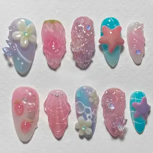 10 Pcs Almond Shape Nail Tips, Ocean Floral 3D Jelly Design, Starfish & Shell Details, Glossy False Nails, Flower Nails, Reusable, Includes Jelly Glue & File