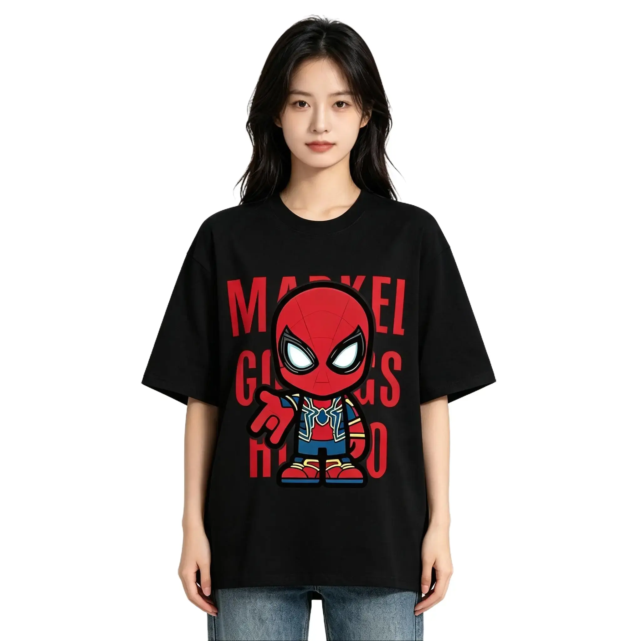 Oversized Q Version Spider-Man Graphic T Shirt, Marvel Cartoon Tee, Casual Streetwear Loose Black T-shirt For Women