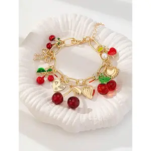 1pc Handmade Golden Cherry Bow Heart Charm Bracelet, Chunky Chain Bracelets, Spring/Summer Jewelry (Color And Shape May Vary Slightly)