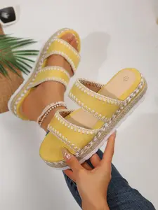 Women's Retro Velvet Slippers Handmade Stitching, Hemp Rope Thick Sole Waterproof Platform, Casual Versatile Outdoor Shoes