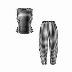 Cider Boat Neck Checks Knotted Top & Mid Rise Elastic Waist Straight Leg Trousers Set