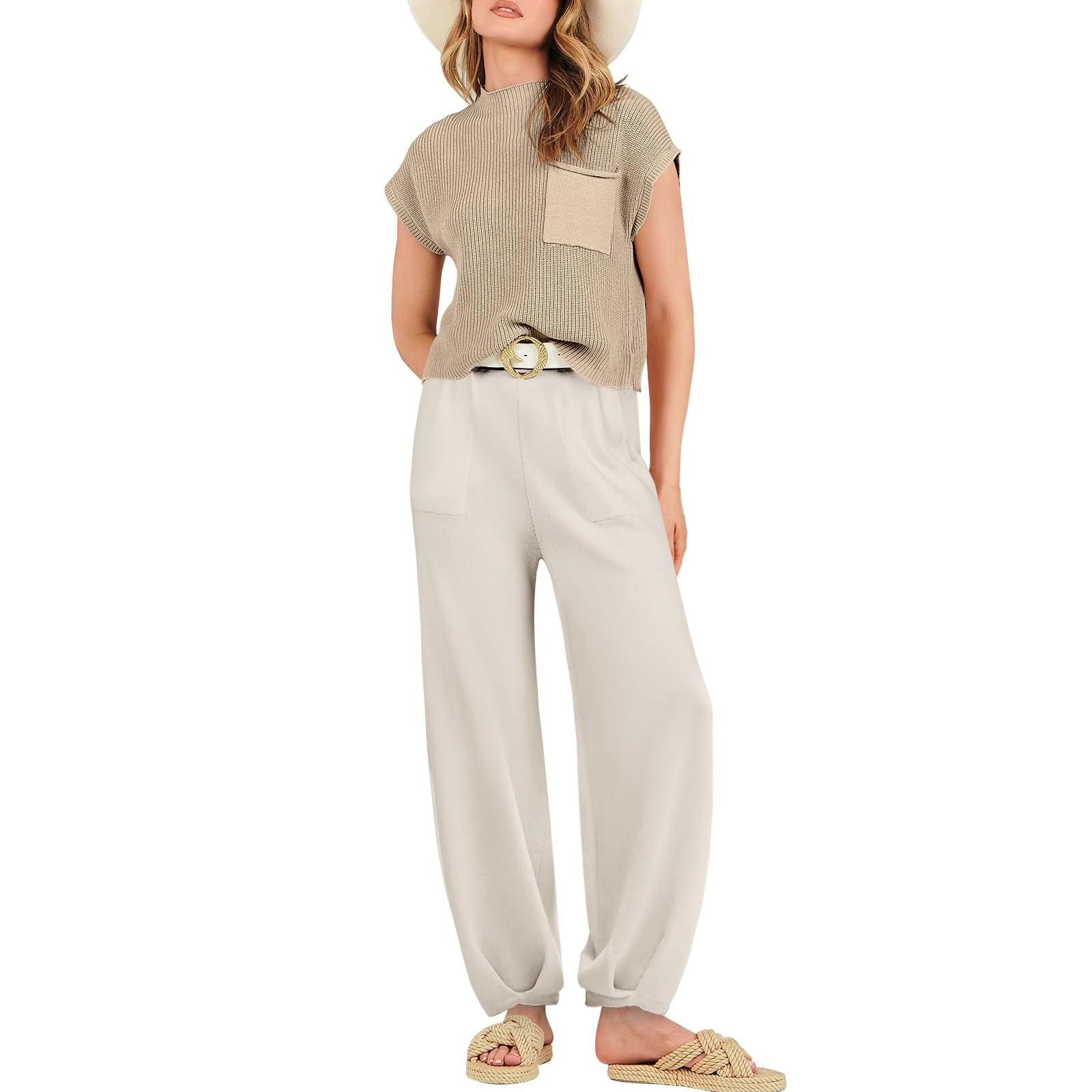 ANRABESS Women's Two Piece Outfits Knit Sweater Vest Crop Top Pants Lounge Matching Tracksuit Comfortable Sweatsuit Trav