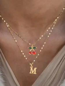 Women's Stainless Steel Letter Cherry Pendant Necklace, Initial Letter Necklace, Elegant Sweet Fashion Lip Chain Jewelry for All Seasons