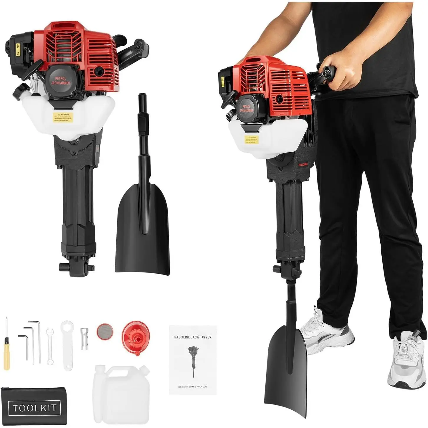 52CC 2-Stroke Single-Cylinder Gasoline Steel Trencher Machine - Air-Cooled 1900W 6500rpm Tree Digger with 1.3L Capacity, English Manual, Filter, Proportioning Oil Tank (Black, Red) for Garden & Farm Use, 1 X English Manual