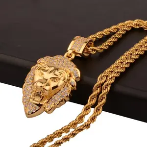 Gold Lion Head Pendant Necklace for Men Rope Chain Hip Hop Gold Necklace Streetwear Jewelry