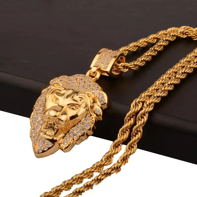 Gold Lion Head Pendant Necklace for Men Rope Chain Hip Hop Gold Necklace Streetwear Jewelry