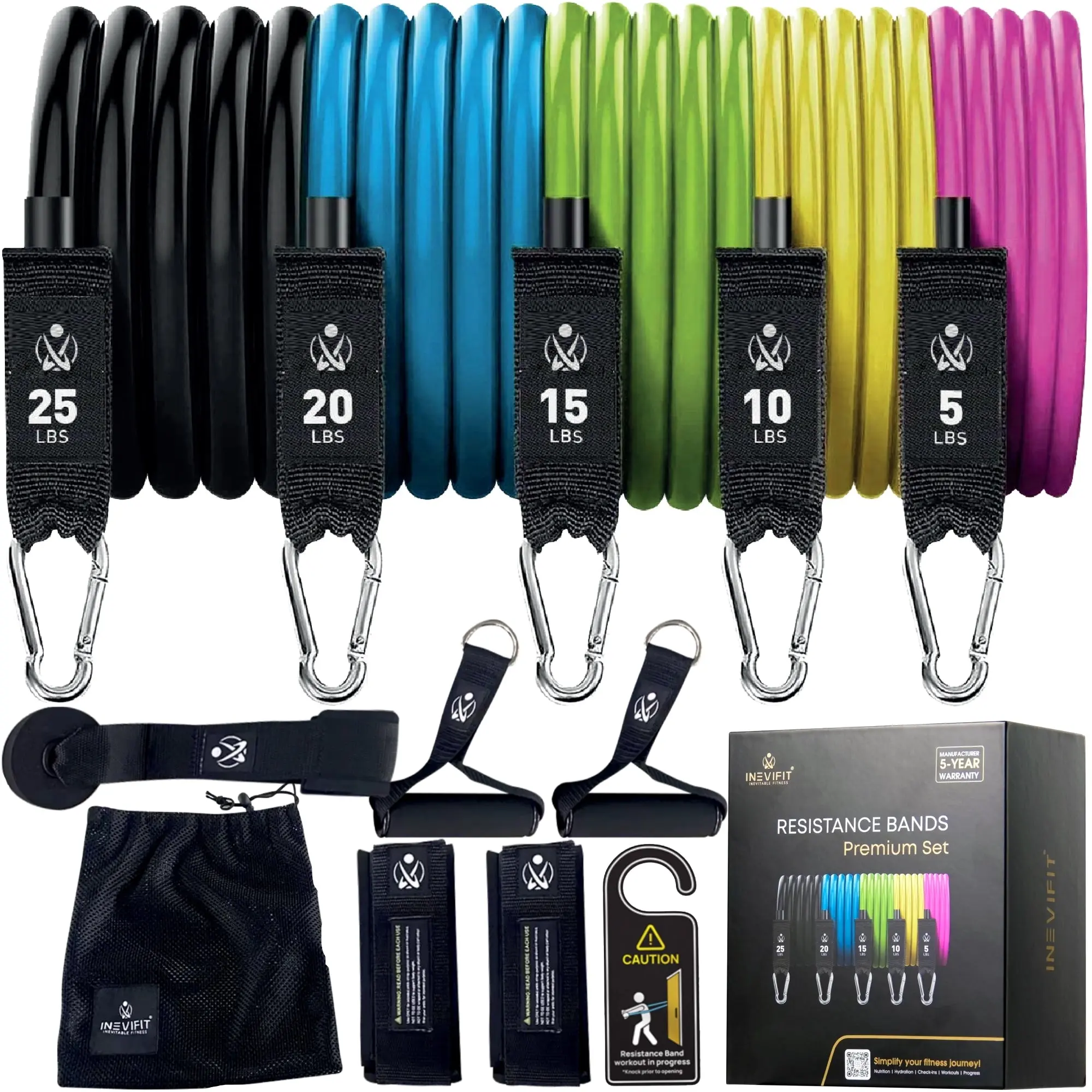 INEVIFIT Resistance Band Set, 150 LBS Stackable Workout Bands for Strength Training, Yoga, Pilates, and Full Body Workout, Includes Door Anchor, Handles, Ankle Straps, Carrying Bag, and Exercise Guide