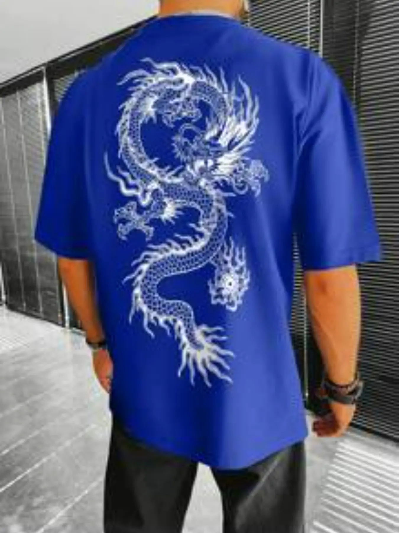 1pc Men's Chinese Dragon Graphic T-Shirt Large White Dragon Back Print Royal Blue Oversized Loose Tee Vintage Retro Oriental Style Streetwear Top for Men Summer