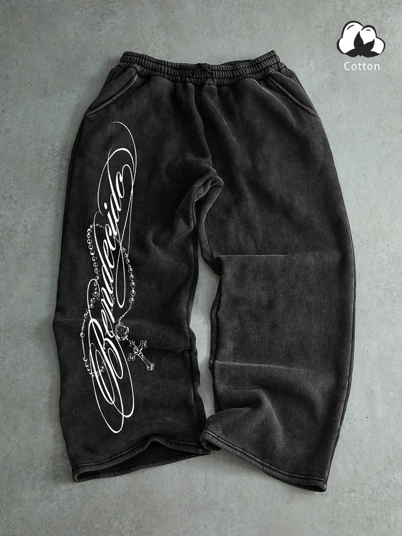 Gothic Religious Symbol Streetwear Pants, Pockets, Loose-Fitting Letter Print Jeans, Fall & Winter Casual Wear, Long Regular Fit