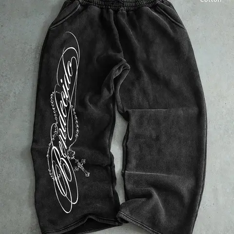 Gothic Religious Symbol Streetwear Pants, Pockets, Loose-Fitting Letter Print Jeans, Fall & Winter Casual Wear, Long Regular Fit