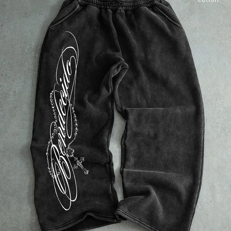 Gothic Religious Symbol Streetwear Pants, Pockets, Loose-Fitting Letter Print Jeans, Fall & Winter Casual Wear, Long Regular Fit