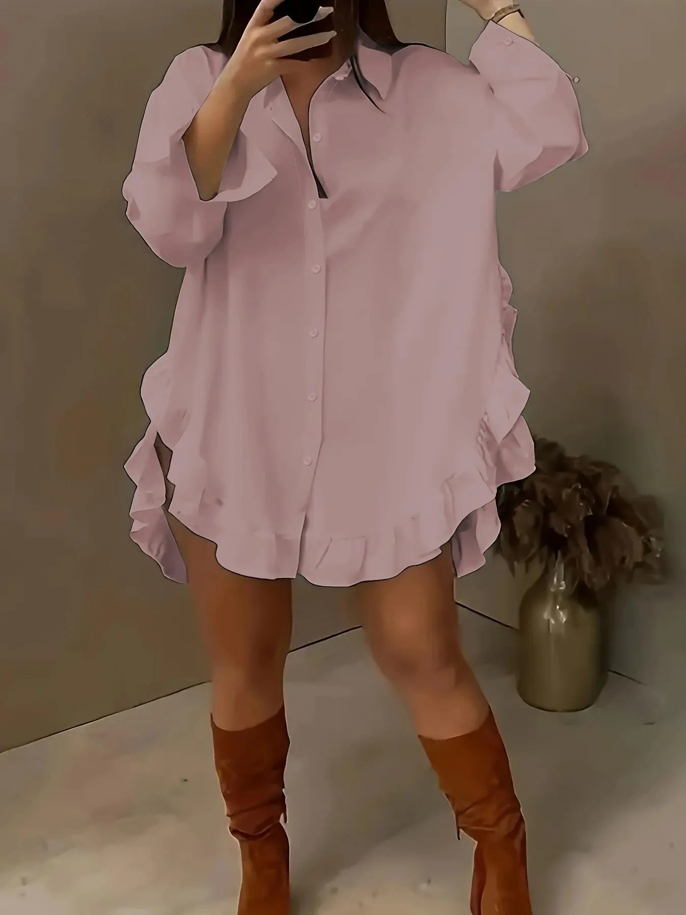 Women's Plus Size Solid Color Button Front Collared Shirt with Ruffle Hem, Casual Long Sleeve Loose Fit Ruffled Blouse, Elegant Plain Design for All Seasons