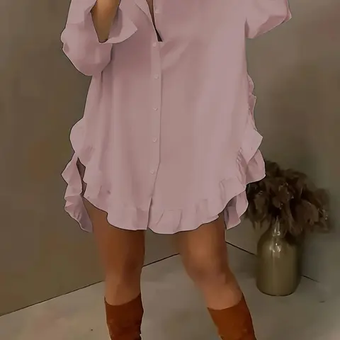Women's Plus Size Solid Color Button Front Collared Shirt with Ruffle Hem, Casual Long Sleeve Loose Fit Ruffled Blouse, Elegant Plain Design for All Seasons