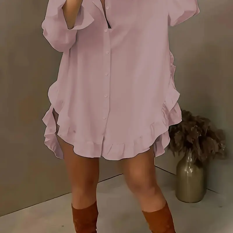 Women's Plus Size Solid Color Button Front Collared Shirt with Ruffle Hem, Casual Long Sleeve Loose Fit Ruffled Blouse, Elegant Plain Design for All Seasons