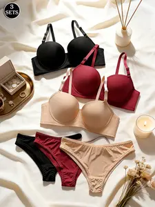 Women's Underwear Set, Everyday, Adjustable Strap Design, Soft Fabric Material, Plain Color Combination, Elegant Style, All-Season Wear