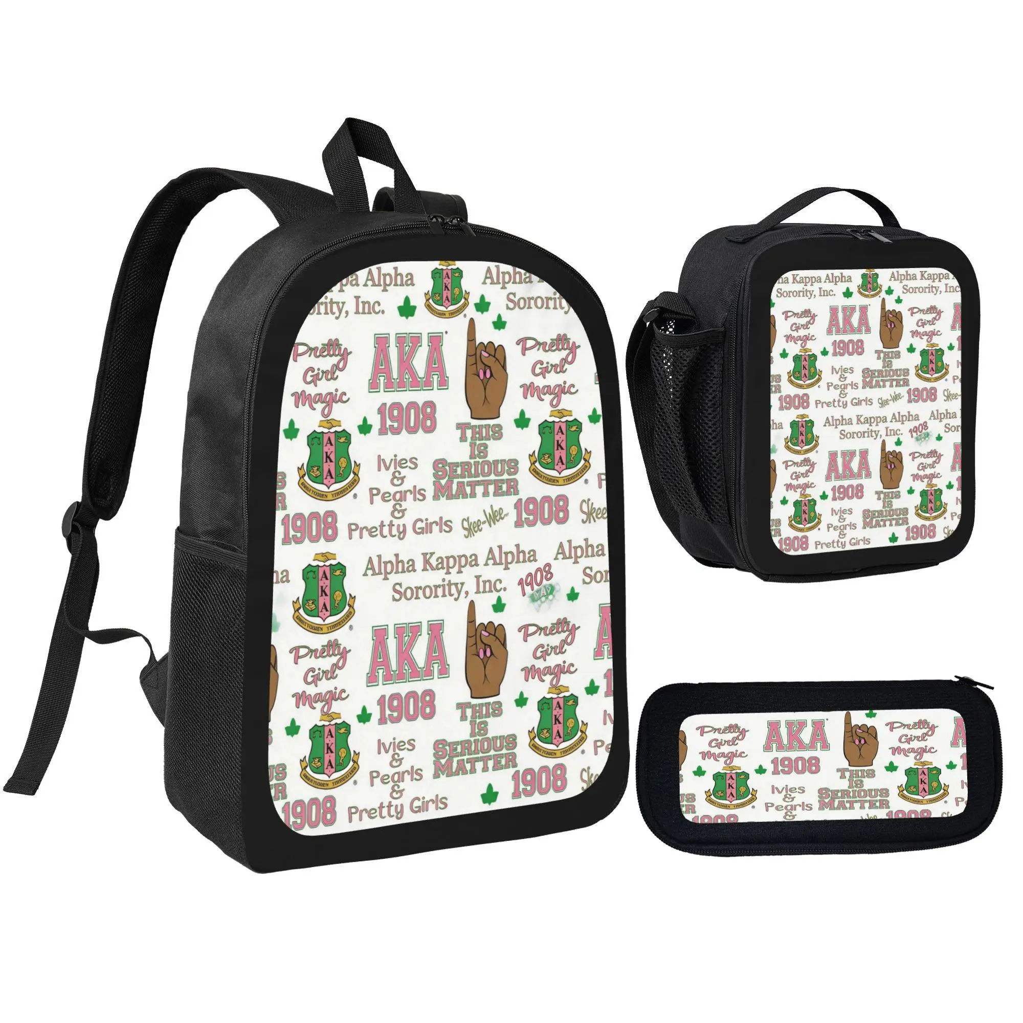 [3Pcs Backpack Set] Alpha Kappa Alpha 1908 Pretty Girls Print with Lunch Bag Pencil Pouch School Bag for Sorority Members Students Campus Life