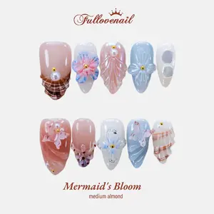 Fullovenail Almond Shape Shell Print 3D Flower Handmade Press on Nail