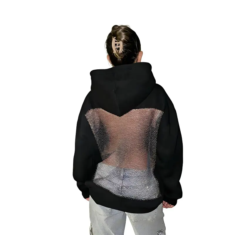 Women's Casual Hoodie Jacket - Flash & Finesse Open Back Mesh Cutout Long Sleeve Cute Sweatshirt Tops, Trendy Black Streetwear for Casual Party Nights, Ideal Festival Gift, Sweatshirts, Clothes