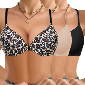Mimilemon 3PCS Front Clasp Push-up Bra Set - Black Beige & Leopard Print Comfortable Stylish Everyday Wear for Women Bridal Lingerie pushup  bea