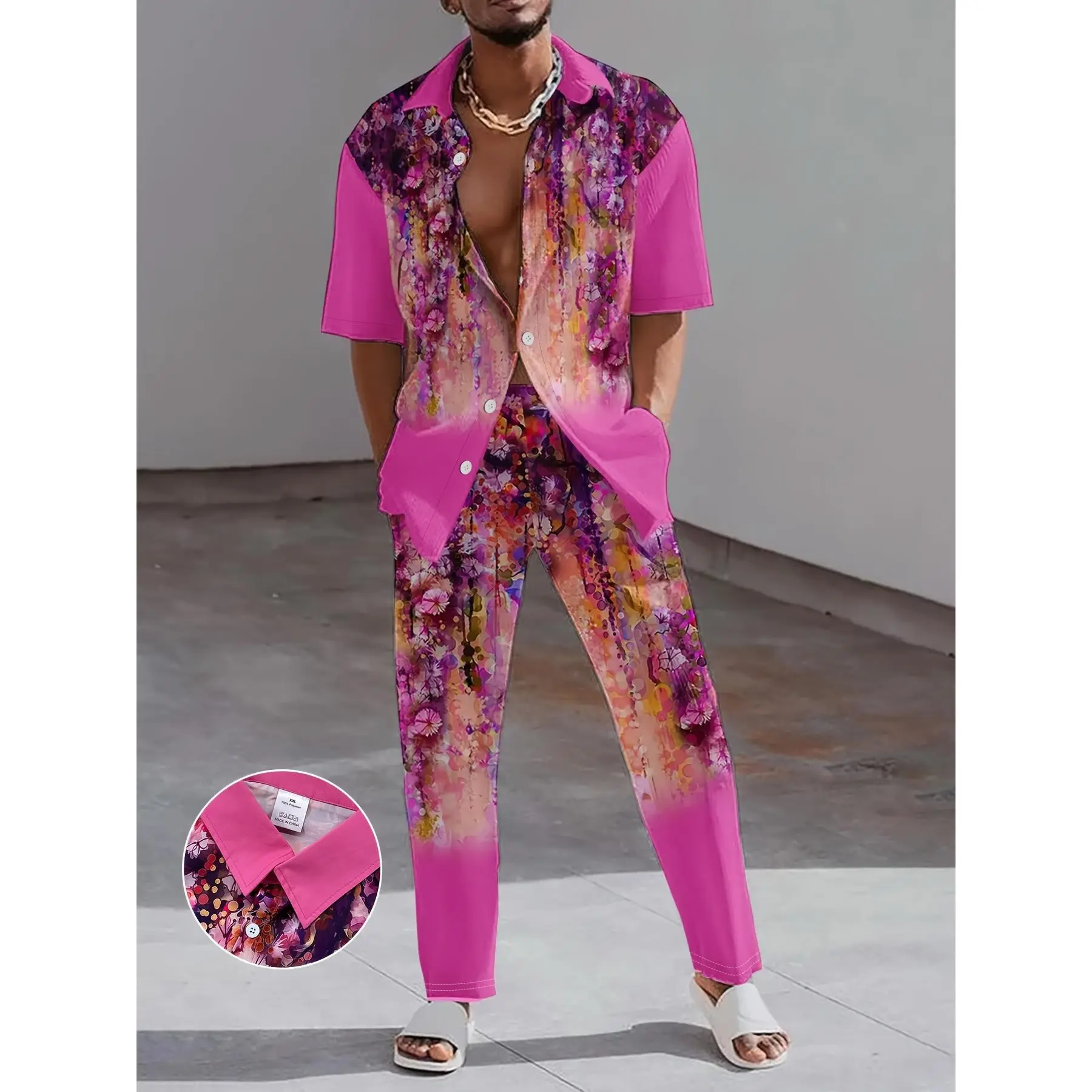 Men's Casual Floral Print Short Sleeve Shirt & Pants Set - Vibrant Pink ...