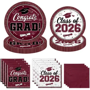 Graduation Plates and Napkins 2026, 200pcs Maroon and White Graduation Decorations Class of 2026 Grad Congrats Maroon Paper Plates and Napkins Party Supplies for Graduation Party Favors,Serve 50