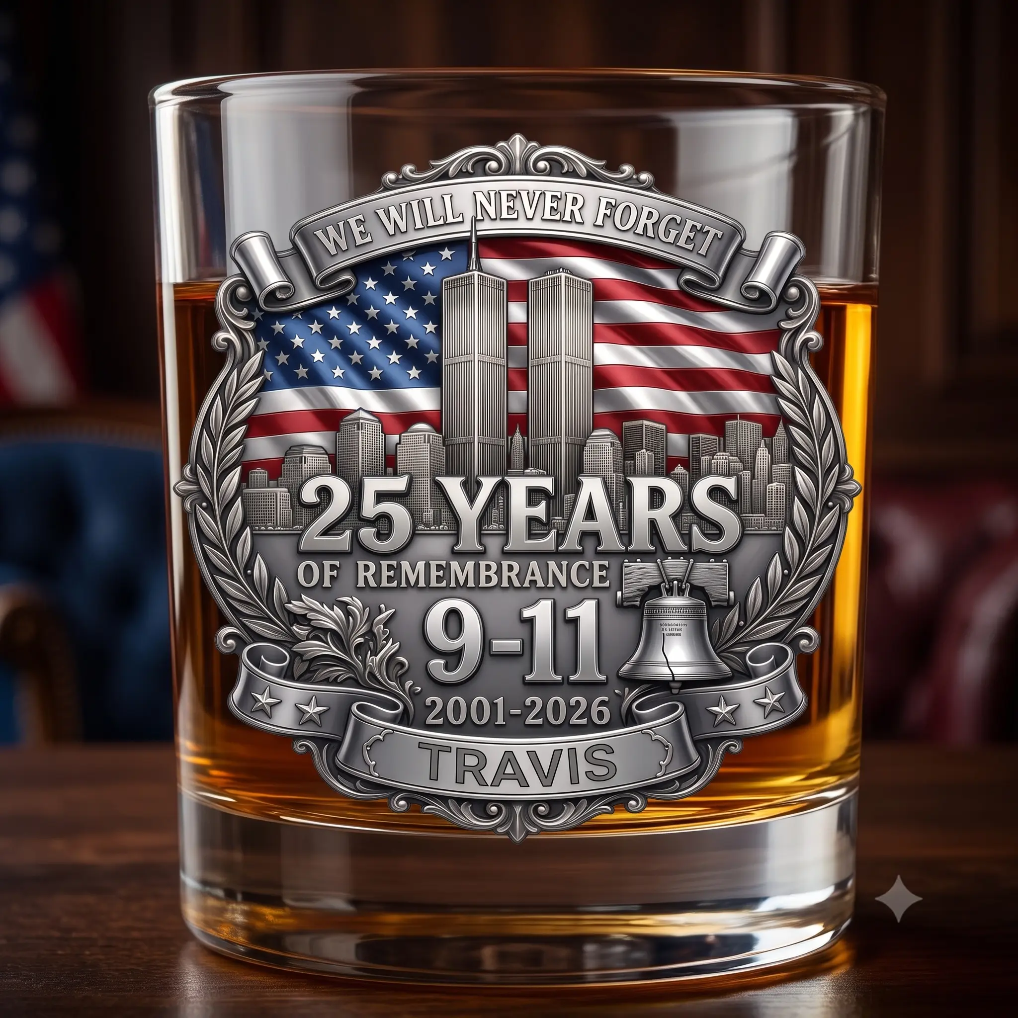 Personalized 9/11 25 Years of Remembrance Whiskey Glass 11oz | UV Printed Rocks Glass | Custom Name Memorial Bourbon Glass | Never Forget Gift