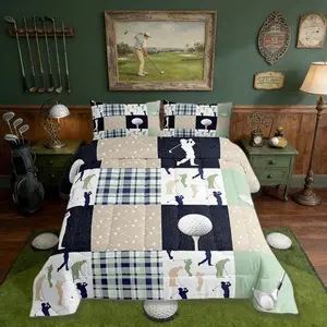 Golf Plaid Comforter Set,Ball Sports Lover Style Bedding Set,Kids Boys Men,Green Buffalo Grid Geometric Quilted Duvet Set