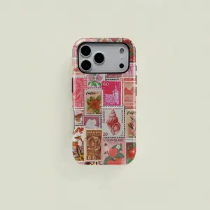Retro-style pink envelope with cute flower and butterfly patchwork pattern protective case, sturdy and durable 2-in-1 protective case, compatible with iPhone 17/16/15/14/13/12/11 Pro Max/Plus/Pro, Samsung Galaxy S25/S24/S23 Ultra series,