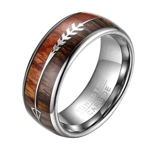 OIDEA 8mm Tungsten Carbide Ring with Wood and Arrow Inlay, Unisex Wedding and Anniversary Band for Men and Women, Rings For Women