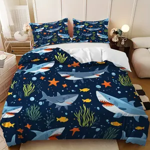 Bedding Set - 3pcs Blue and White Ocean Shark, Fish and Starfish Design Down Comforter Set (1 duvet cover + 2 pillowcases, filling not included) A perfect gift for family and friends, soft and comfortable, suitable for family bedrooms and guest rooms.