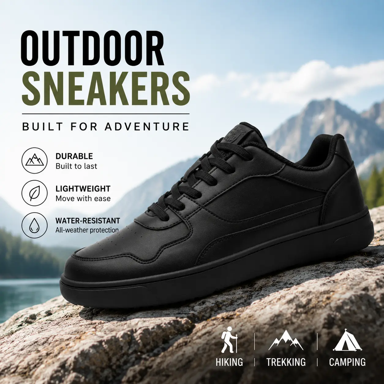 Black wide toe outdoor running shoes, wide toe off-road running shoes, leather upper, affordable work shoes, widened design, suitable for sports and casual wear, stain resistant, all day comfortable, ideal for outdoor activities and daily wear.