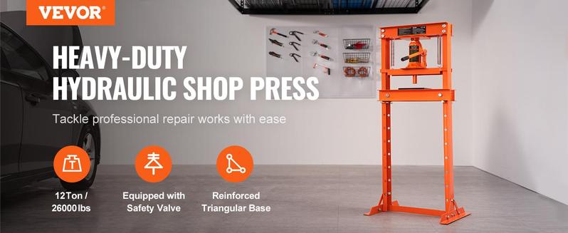 VEVOR Hydraulic Shop Press, TikTokShopBlackFriday, 12 Ton H-Frame Hydraulic Garage/Shop Floor Press, Adjustable Shop Press with Press Plates, Heavy Duty Hydraulic Press for Garage, Shop, Workshop