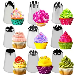 Large 9pcs Essential Piping Tips Set, Stainless Steel Macaron Piping Nozzles, Cake and Cookie Decorating Tube Kit, Large Cream Icing Tip for Cakes, Waffle Cone Nozzle, Cupcake Frosting Tools