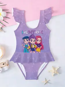Girls' One-Piece Swimsuit Huntr/x Girl Group Q Version Printed Star Full Print Same Color Fly Sleeves Ruffle Pool Beach Sweet Cool Style