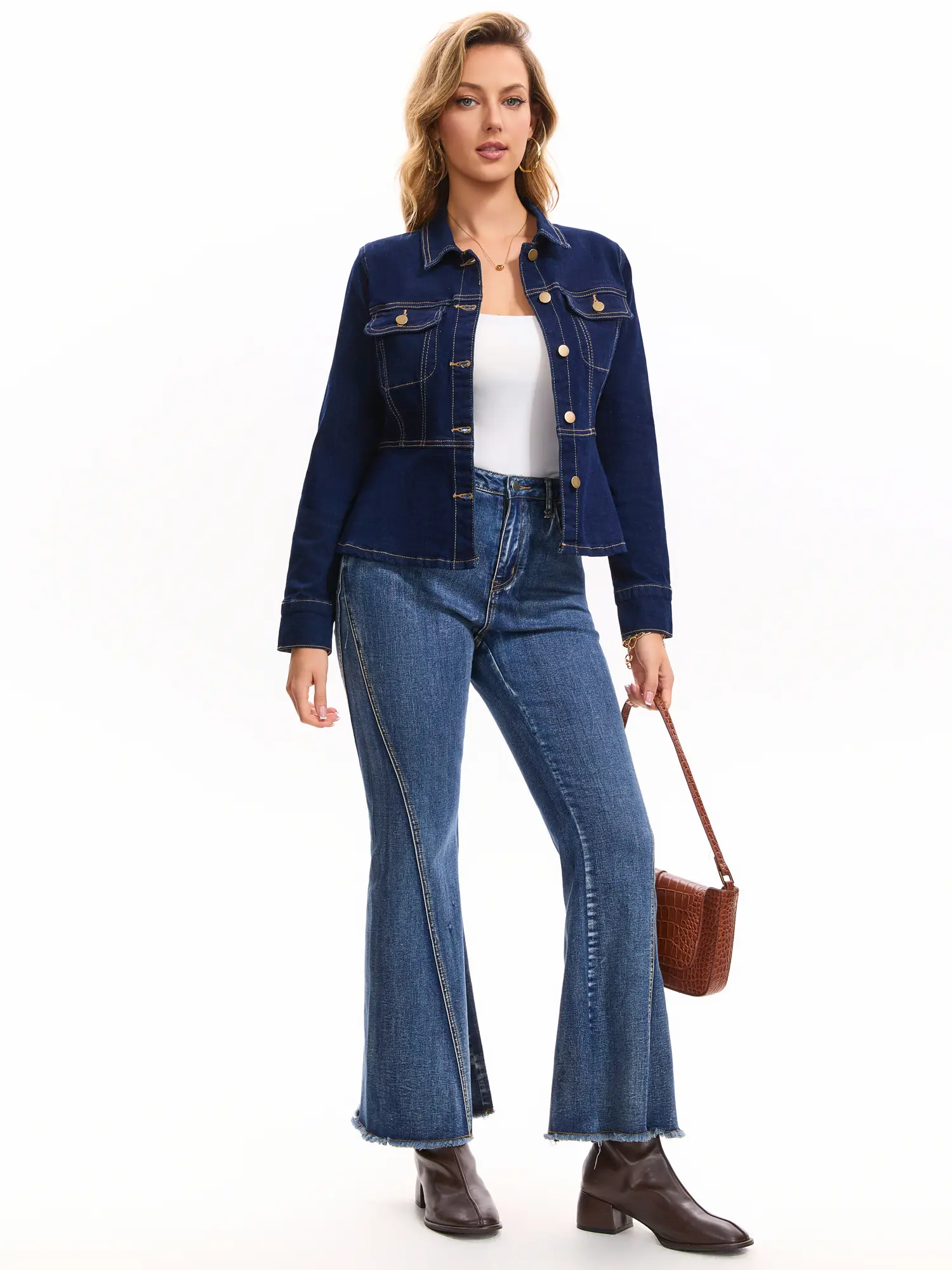 INSPIRE CHIC Women's Denim Peplum Jacket Casual Button Down Long Sleeve with Pockets Trendy Ruffle Jean Jackets
