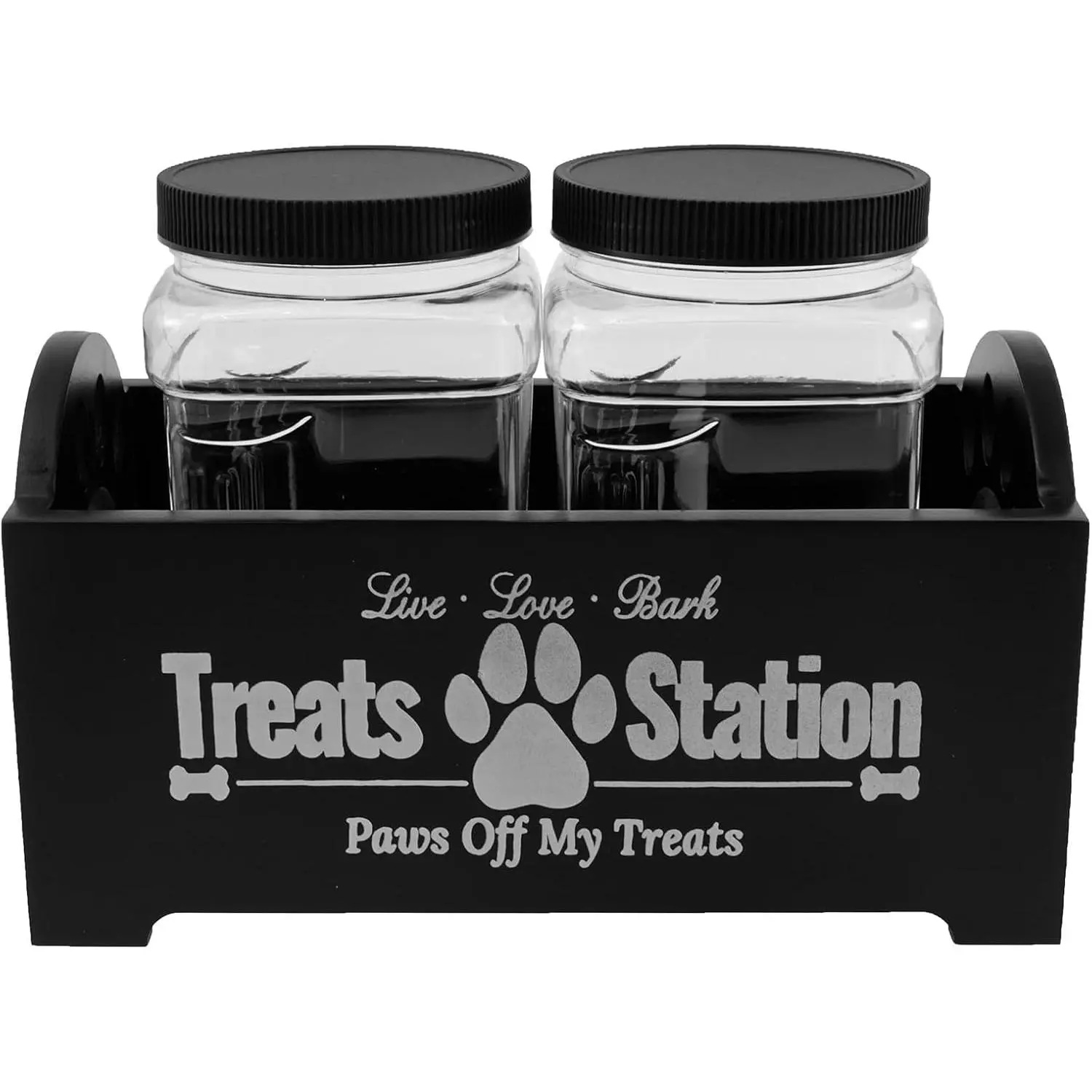 Dog Treat Container,Wooden Dog Biscuit Organiser with 2 Plastic Jars,Pet Treat Station for Dog and Cat,Storage Canister for Pet Owners and Lovers (Black)