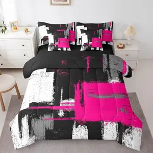 Hot Pink Black White 7 Piece Bedding Set,Abstract Morden Comforter Set,Buffalo Check Bed Set,Includes Comforter,Sheet Set,Pillowcases & Pillow Covers
