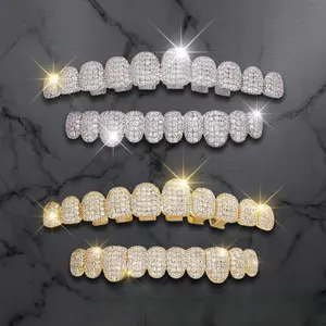 Iced Out 18K Gold Hip Hop Grillz for Rapper, 10-Tooth Dental Grillz Party Jewel Jewelry Sparkly Moissanite Micro-Paved Zircon Diamond