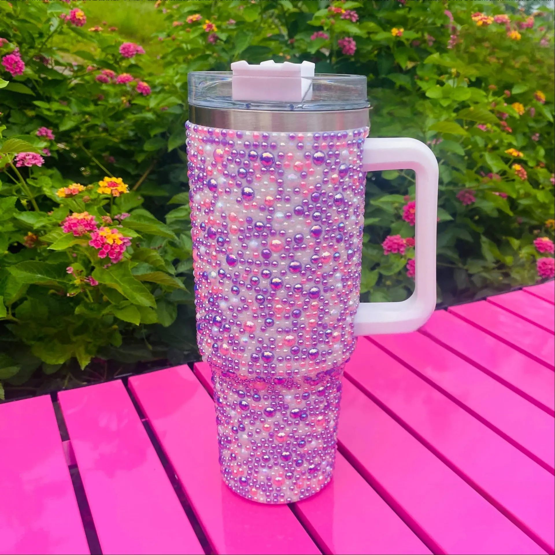 Luxury Bling Pearl Rhinestone 40oz Insulated Stainless Steel Tumbler, Stylish Handheld Car Coffee Mug with Straw, Elegant Auto Thermal Drinkware, Insulated Travel Drinkware, Vacuum Insulated Flask
