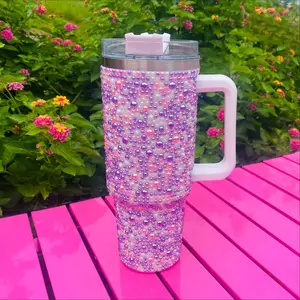 Luxury Bling Pearl Rhinestone 40oz Insulated Stainless Steel Tumbler, Stylish Handheld Car Coffee Mug with Straw, Elegant Auto Thermal Drinkware