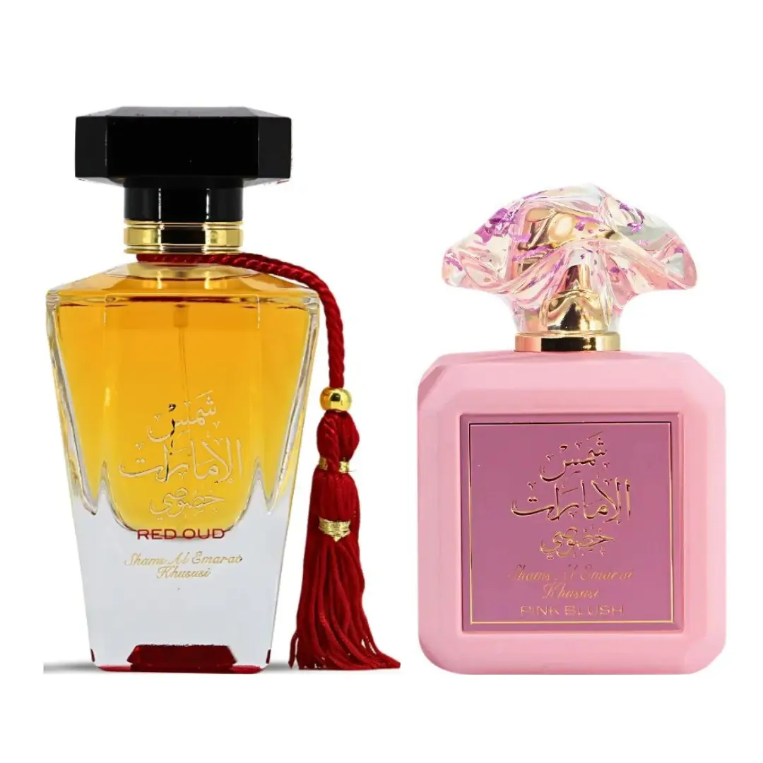 Ard Al Zaafaran Shams Al Emarat Intense EDP Fragrances 2-Piece Bundle - 200ml Oriental Blend EDP Liquid Perfumes, Khususi Red & Blush Pink Unisex Evening Wear Statement Scents