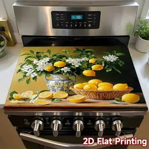 1pc 2D Flat a Non-Slip Stovetop Mat Featuring a Lemon And Lemon Blossom Still Life Design, with a Yellow, Green, And Grey Durable Polyester Cover Suitable for Burners And Cooktops, Designed in a Flat 2D Style