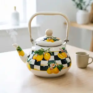 Enamel Teapot – Classic Plaid with Lemon Flower Pattern, 84.55 oz Large Capacity. Ideal for Daily Home Brewing & Family Tea Time Together. "Cottagecore" Viral TikTok Tea Gift Set.
