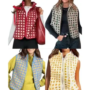 Qiweiss Women’s Fuzzy Checkered Vest Sleeveless Stand Collar Zip Up Vest Jacket Winter Warm Outwear