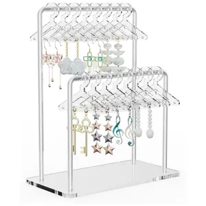 Acrylic Earring Stand, Unique Dual Layer Design, Cute Mini Clothes Hanger, Holds 48 Pairs, Jewelry Storage Rack, Earring Holder Organizer for Home Vanity and Retail Display