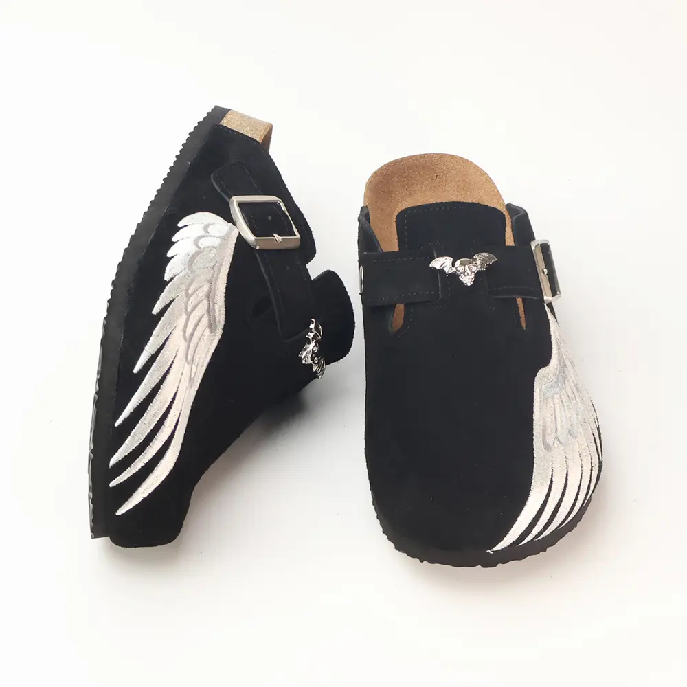 Men's Black Suede Clogs with Angel Wings Embroidery & Skull Buckle, Cork Footbed Slip-On Mules, Gothic Streetwear